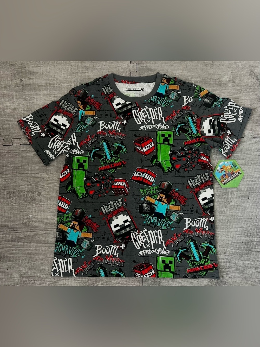 Minecraft Boys 14 Gray Creeper Graphic Logo Crew Neck Tagless T-Shirt